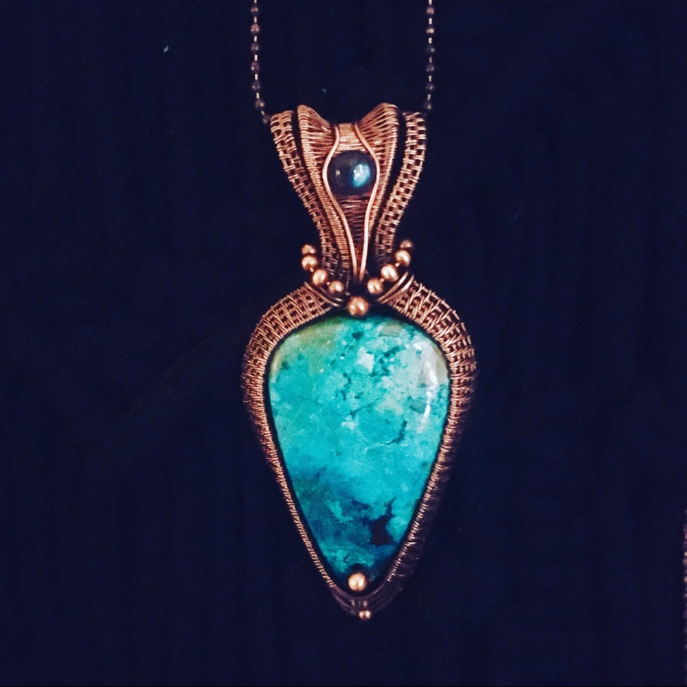 Azurite And Malachite Copper Wire Weaved Necklace